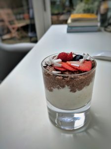 Overnight Oats. Coconut overnight oats layered with Chocolate Chia Pudding