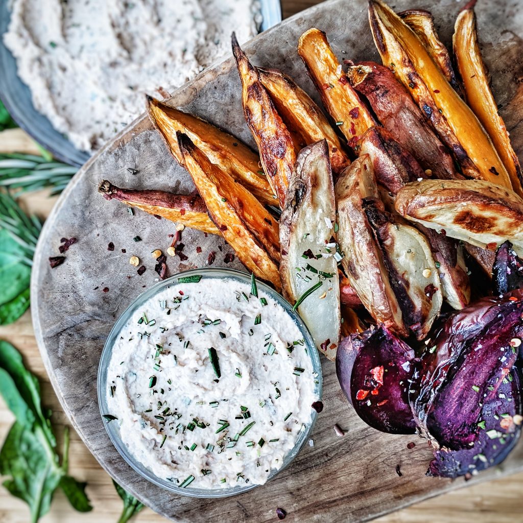 Roasted Root Vegetables with a White Bean Hummus