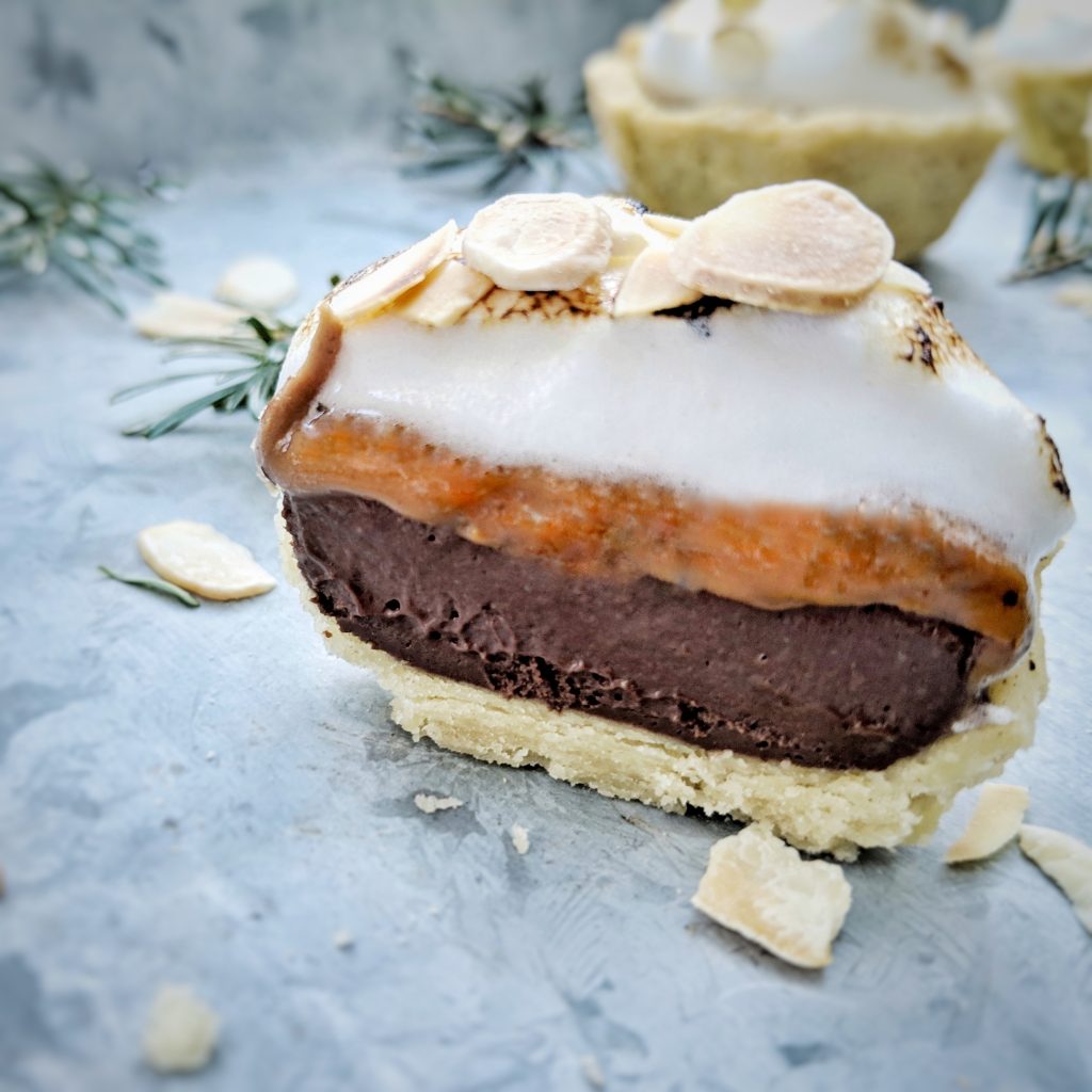 Chocolate tart with Almond & Maca nut butter topped with meringue