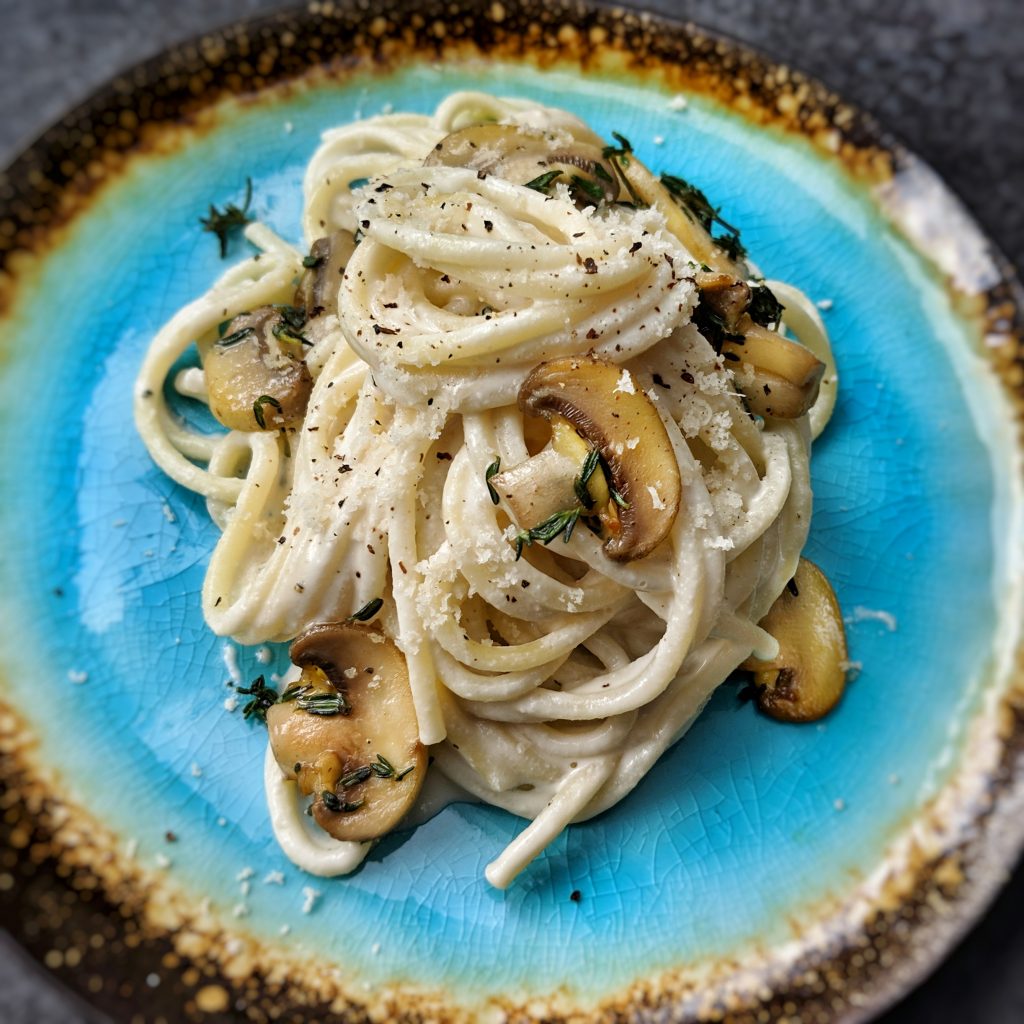 A plateful of vegan pasta carbonara